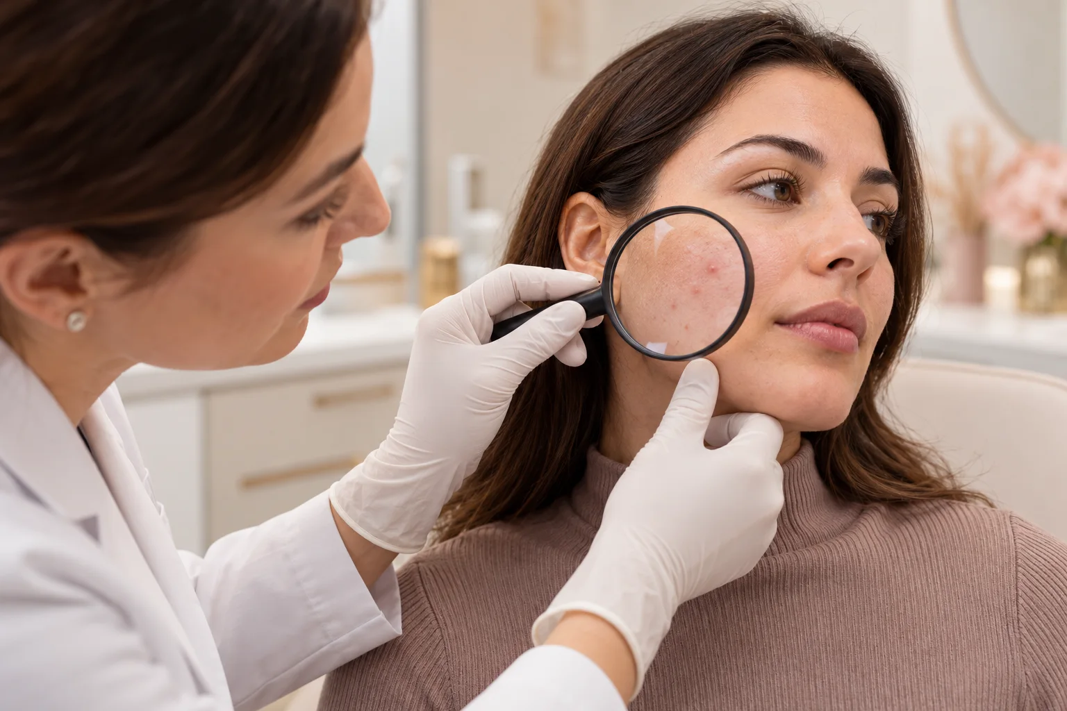AI illustration: Clinician examining mild cheek blemishes with a magnifying lens; fictional people, not Valeon patients or results
