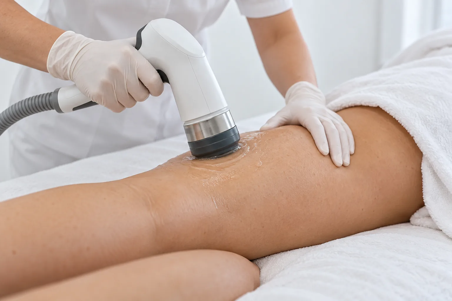 AI illustration: Acoustic wave handpiece over clear gel on the back of the thigh; fictional people, not Valeon patients or results