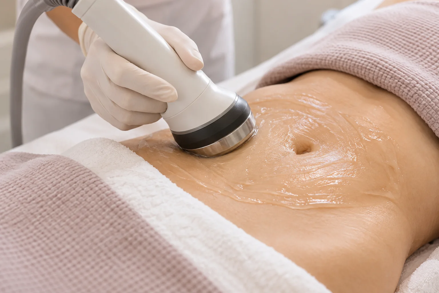 AI illustration: Radiofrequency body handpiece over conductive gel on a draped abdomen; fictional people, not Valeon patients or results