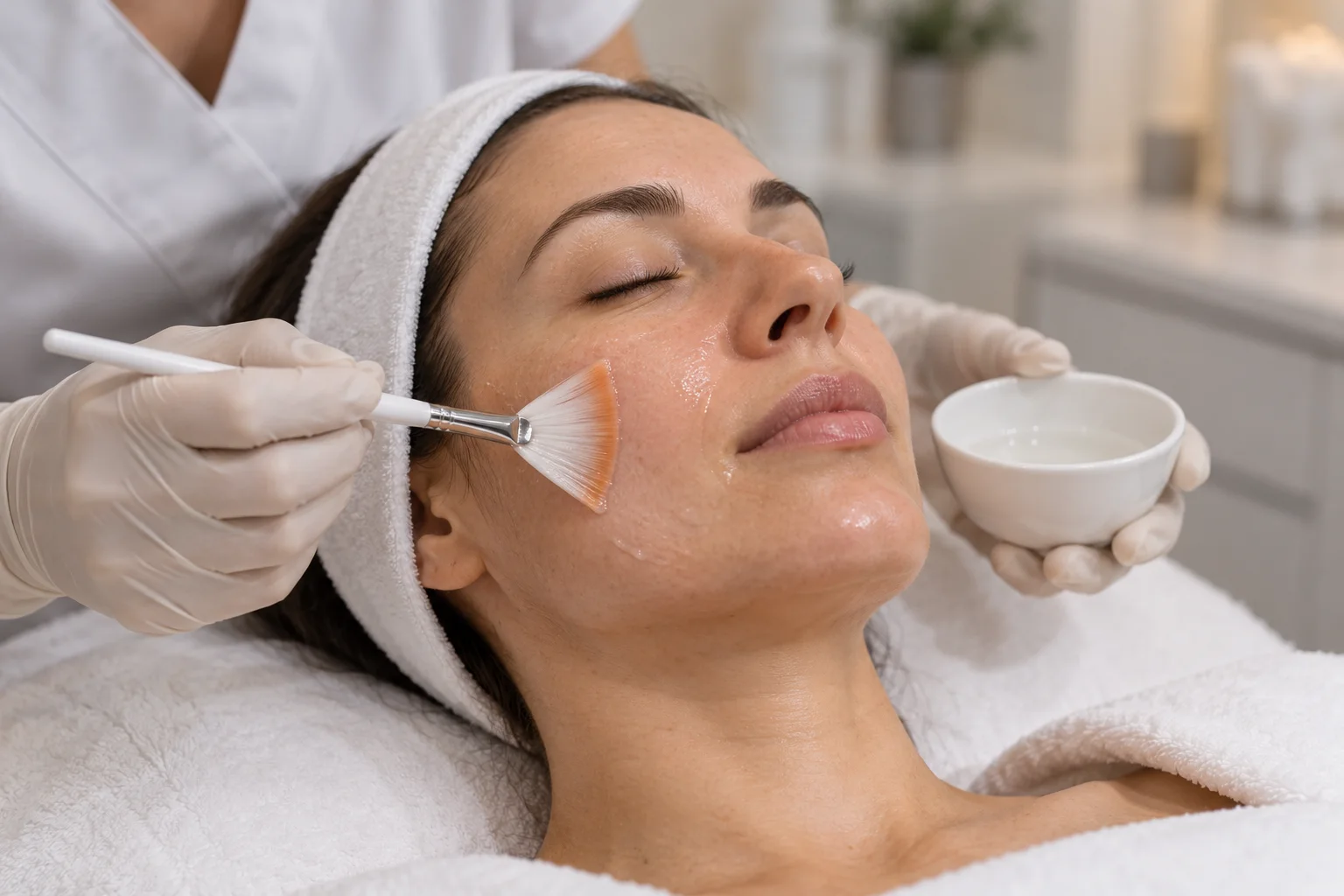 AI illustration: Chemical peel solution applied to the cheek with a fan brush; fictional people, not Valeon patients or results
