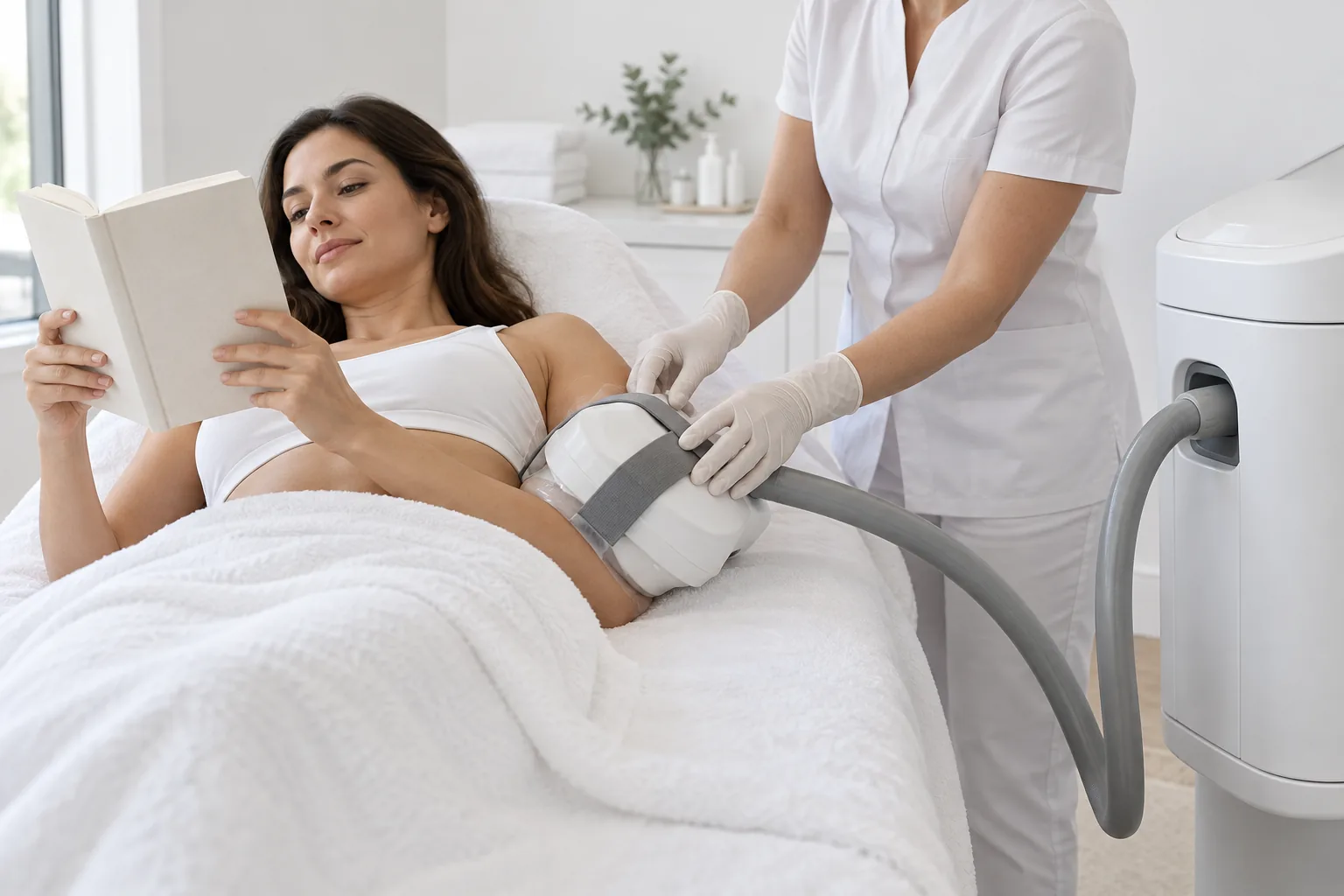 AI illustration: Cooling applicator strapped to the side of the abdomen; fictional people, not Valeon patients or results