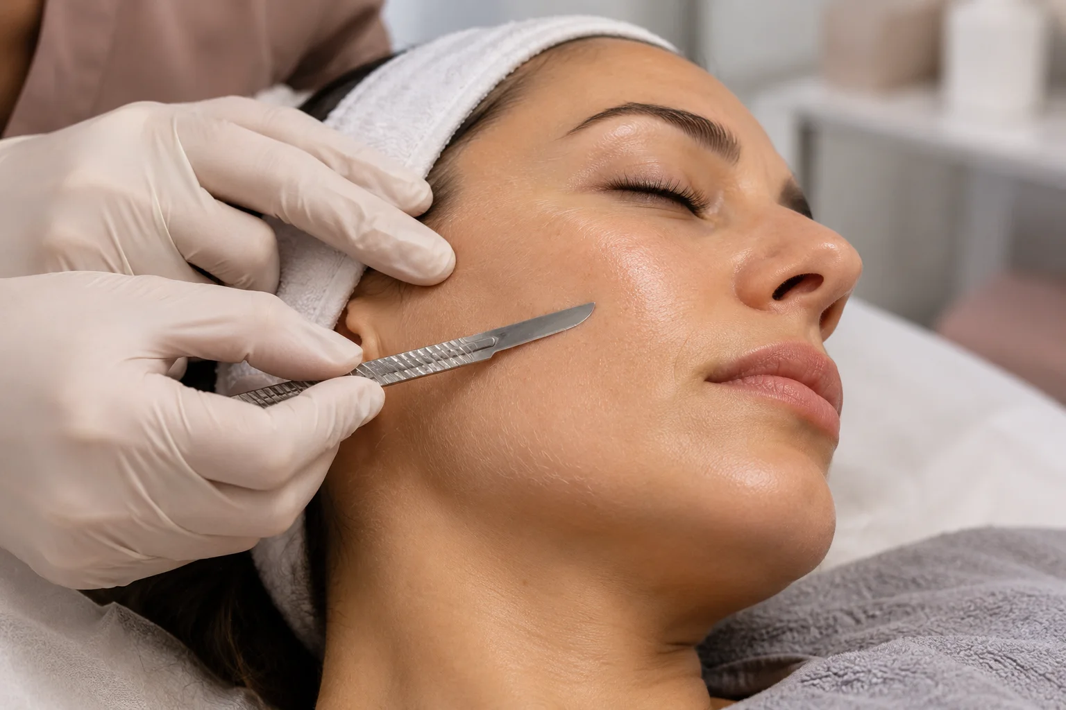 AI illustration: Dermaplaning with a shallow-angle sterile blade; fictional people, not Valeon patients or results