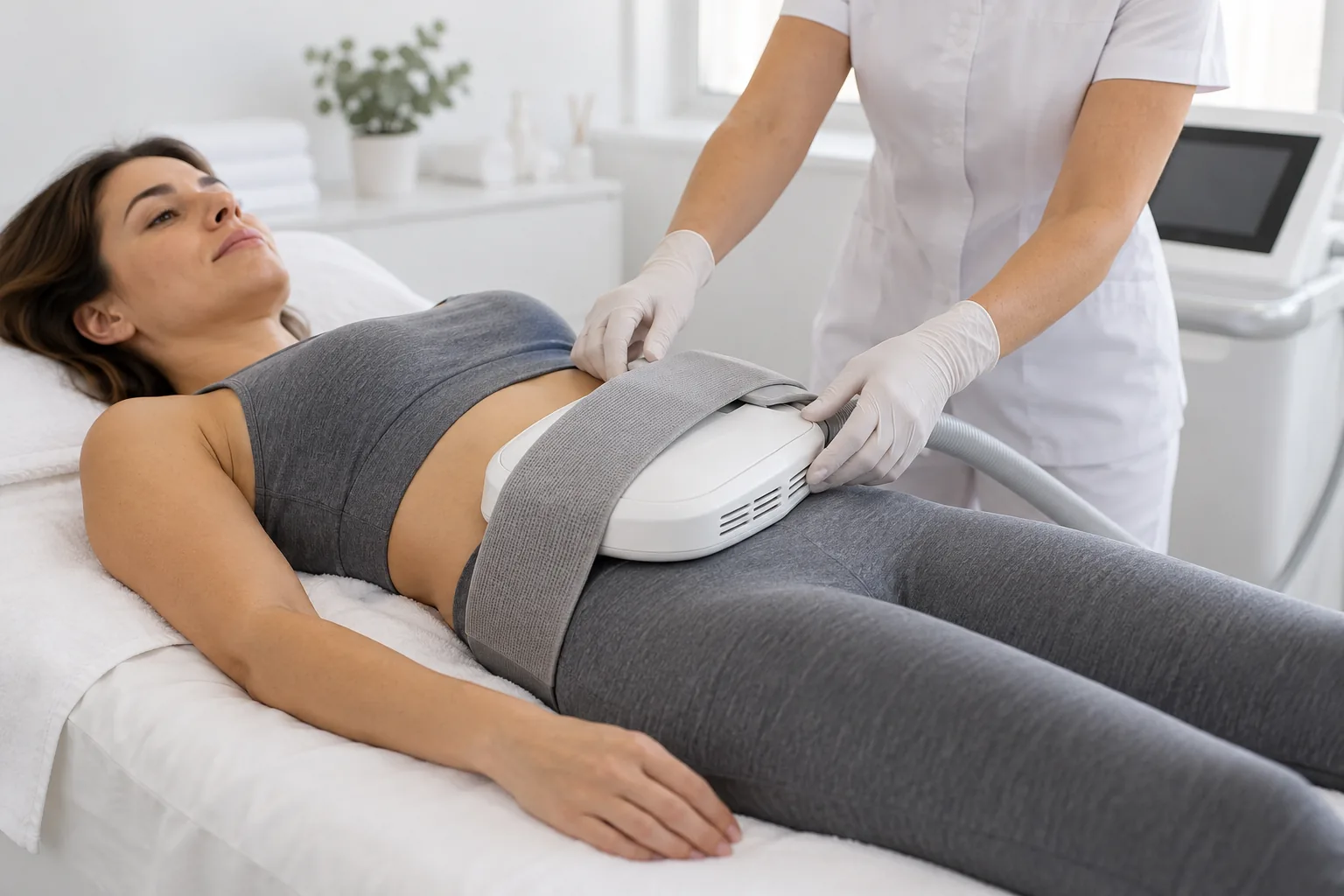 AI illustration: Flat electromagnetic applicator belted over the abdomen of a clothed client; fictional people, not Valeon patients or results