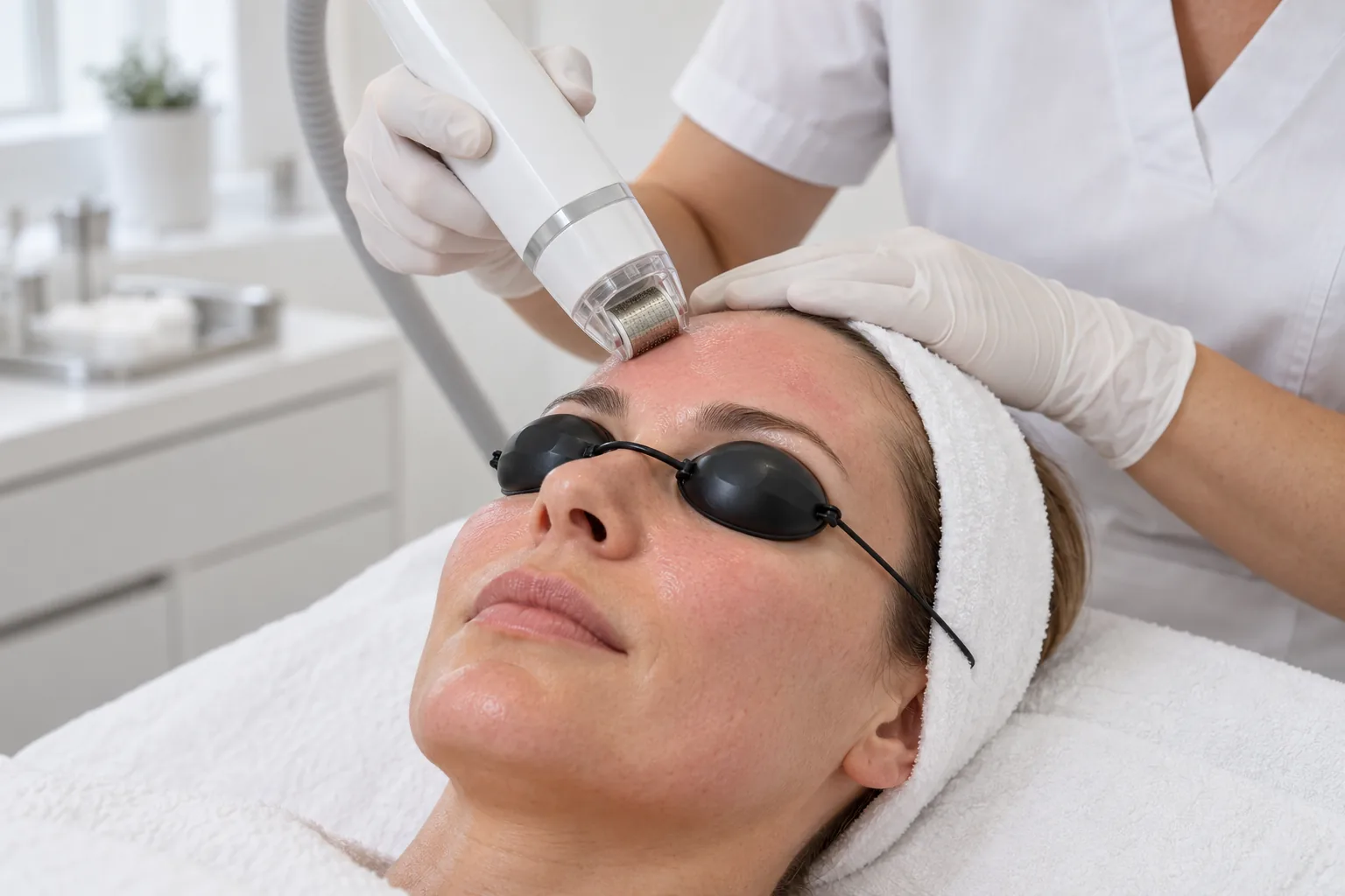 AI illustration: Roller-tipped fractional laser handpiece on the forehead with protective eye shields; fictional people, not Valeon patients or results