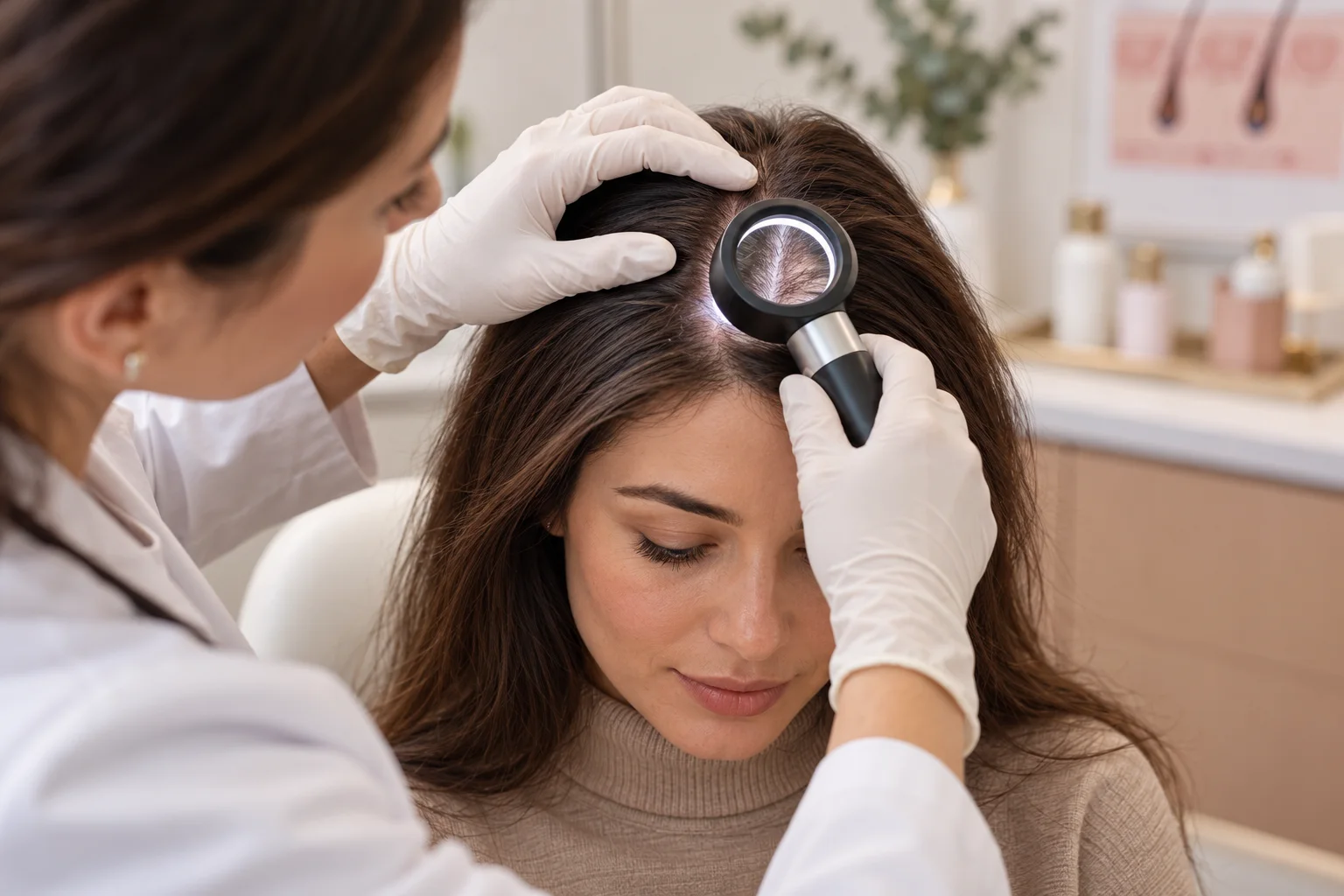 AI illustration: Clinician examining parted hair and scalp with a dermatoscope; fictional people, not Valeon patients or results