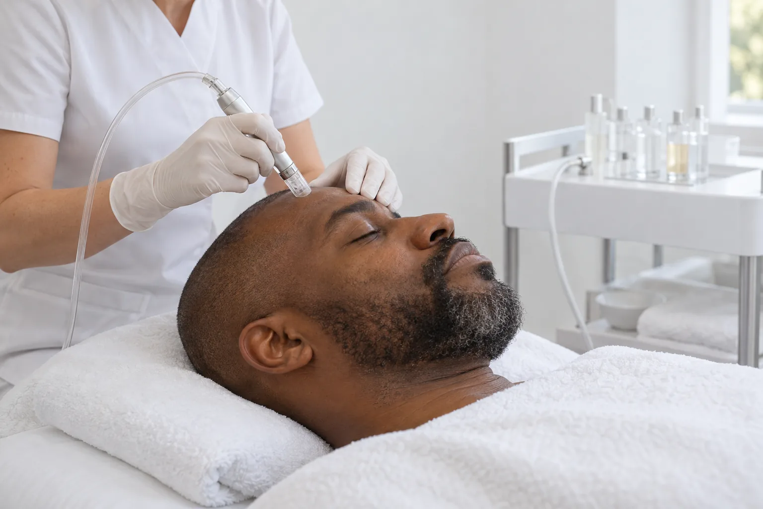AI illustration: Hydradermabrasion handpiece with a spiral tip gliding over the cheek; fictional people, not Valeon patients or results