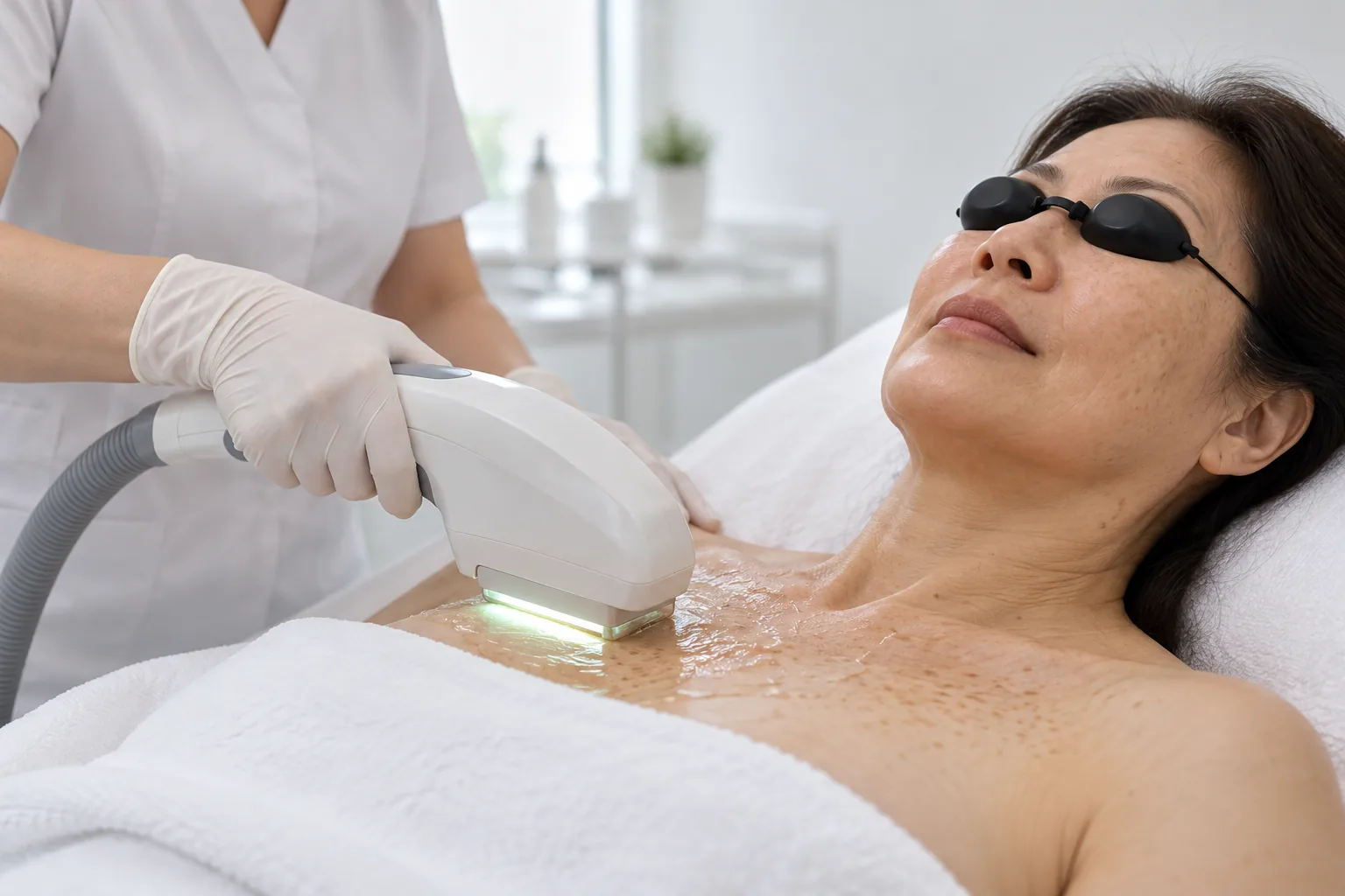 AI illustration: IPL handpiece over cooling gel with protective eye shields; fictional people, not Valeon patients or results