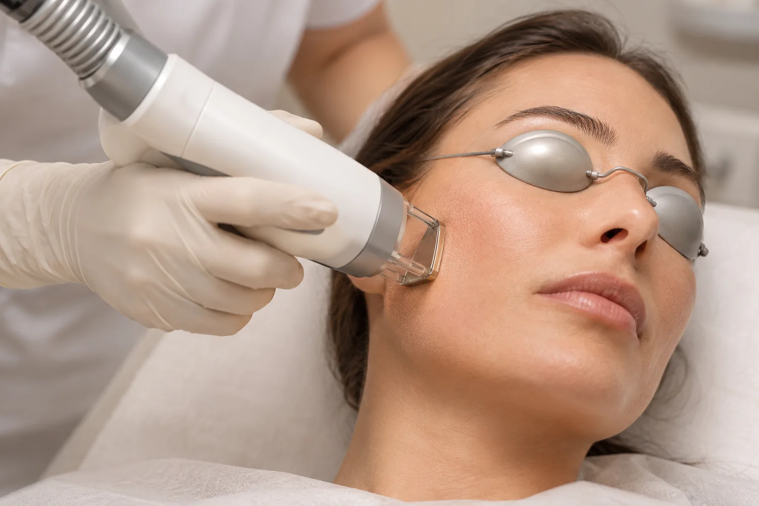 AI illustration: Fractional laser handpiece over the cheek with protective eye shields; fictional people, not Valeon patients or results
