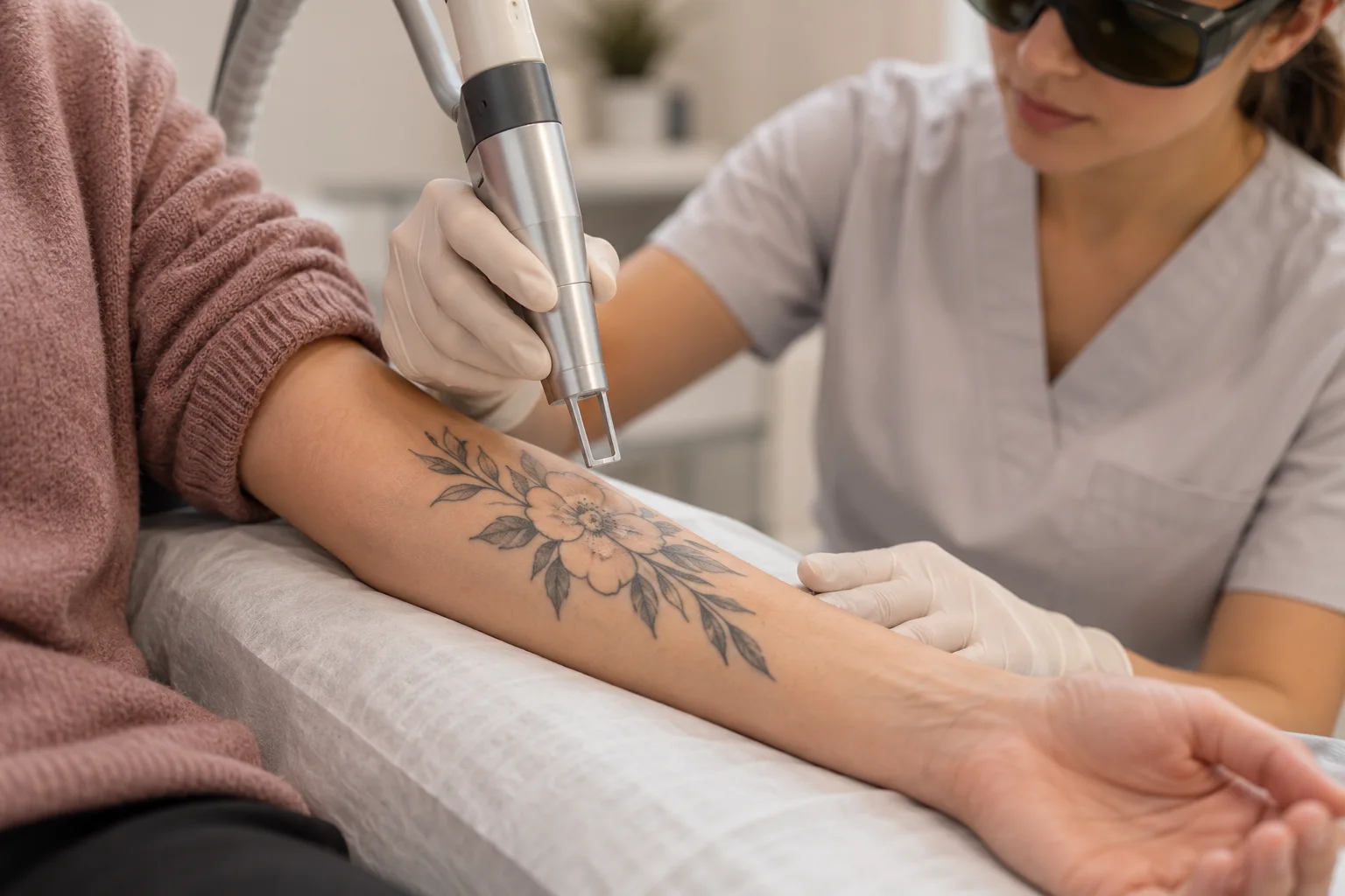 AI illustration: Laser removal handpiece above a floral forearm tattoo; fictional people, not Valeon patients or results