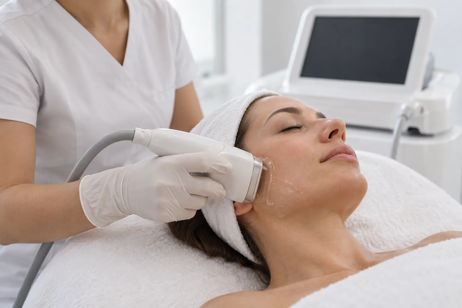 AI illustration: Ultrasound transducer handpiece over clear gel along the jawline; fictional people, not Valeon patients or results