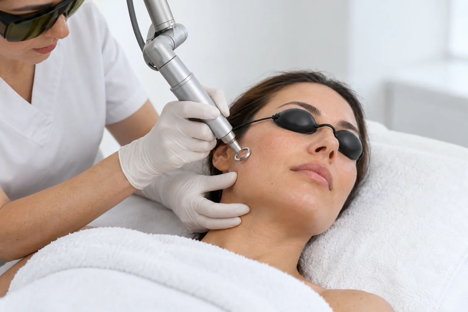 AI illustration: Articulated-arm laser handpiece near the cheek with protective eye shields; fictional people, not Valeon patients or results
