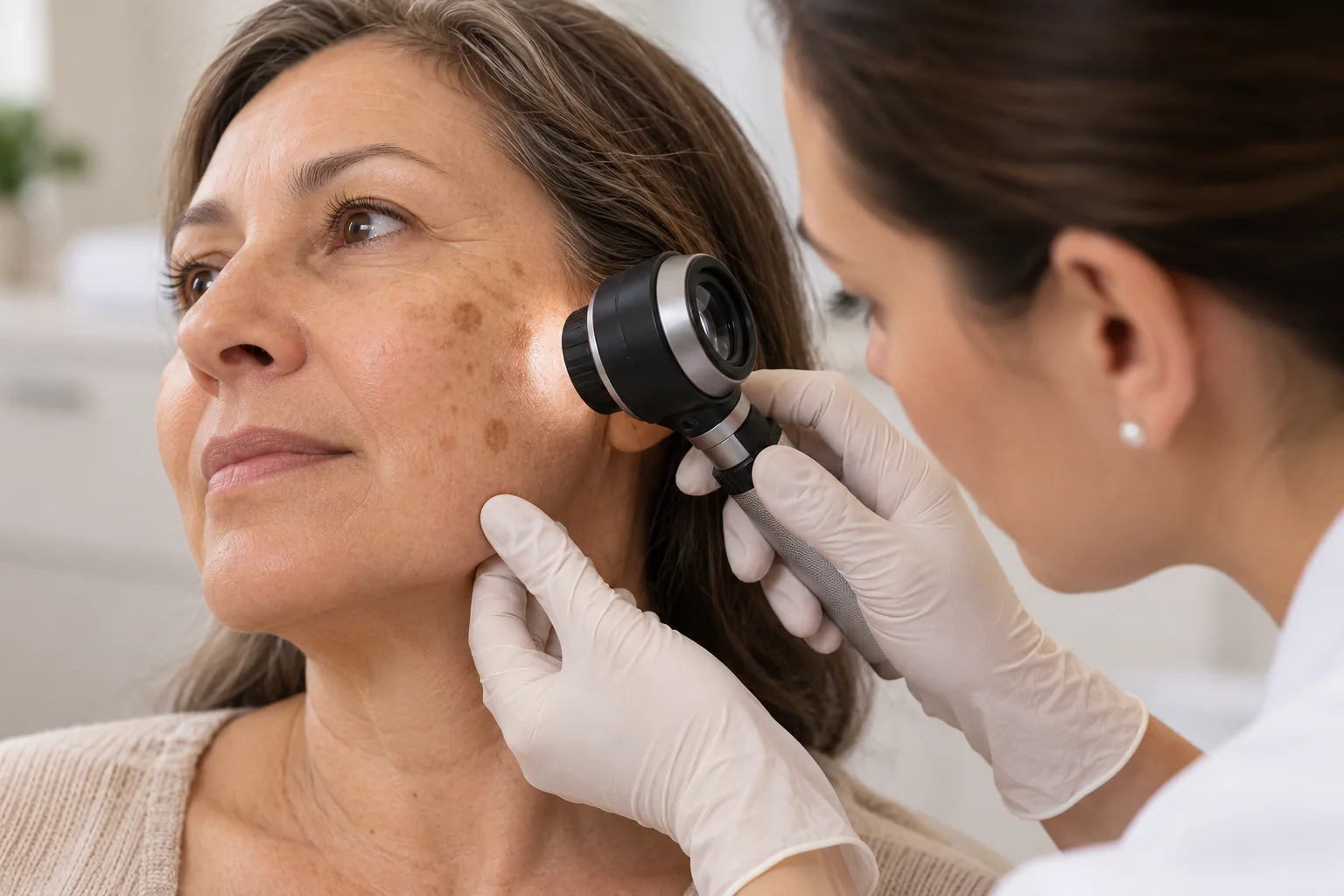 AI illustration: Clinician examining facial sun spots with a dermatoscope; fictional people, not Valeon patients or results