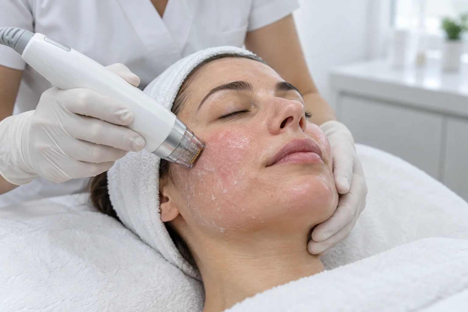 AI illustration: Radiofrequency microneedling handpiece with a sterile needle tip on the cheek; fictional people, not Valeon patients or results