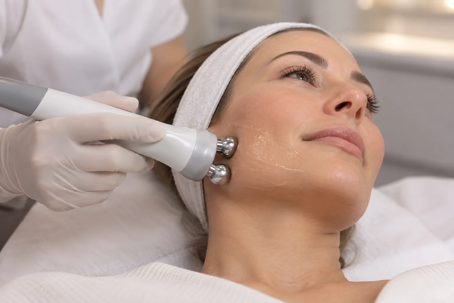 AI illustration: Bipolar radiofrequency handpiece over conductive gel along the jaw; fictional people, not Valeon patients or results