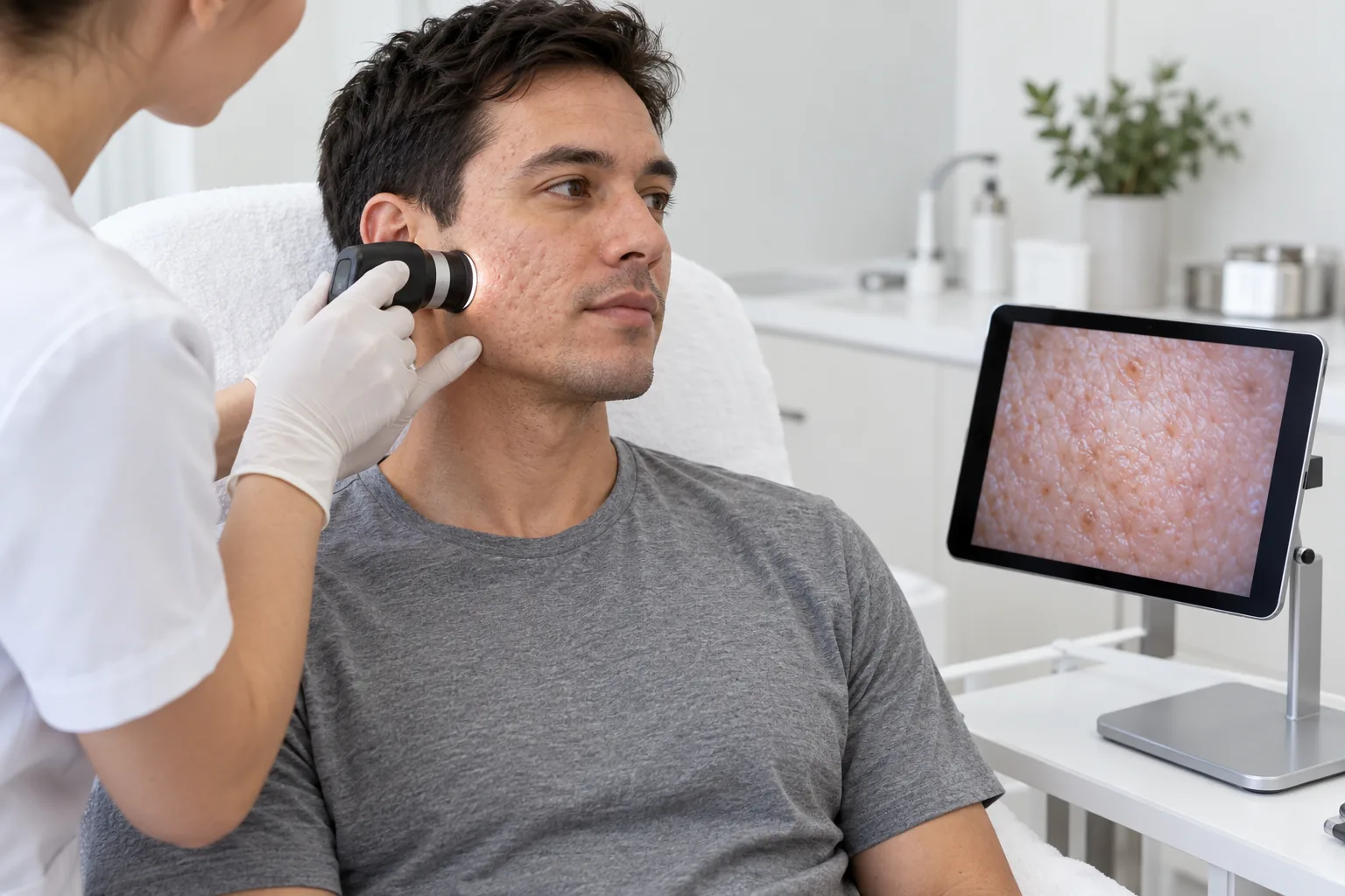 AI illustration: Clinician examining healed facial acne scars and texture; fictional people, not Valeon patients or results