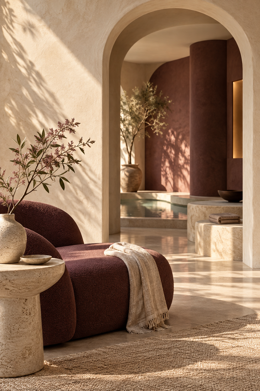 AI-generated spa atmosphere with an ivory archway and plum lounge chair; not the Valeon facility